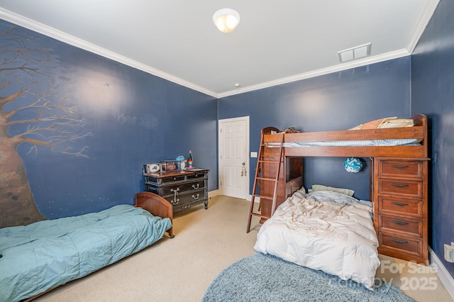 carpeted bedroom featuring crown molding