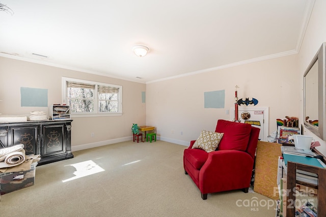 living area featuring crown molding and light colored carpet