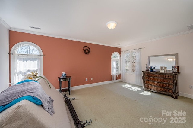 bedroom featuring ornamental molding and carpet flooring