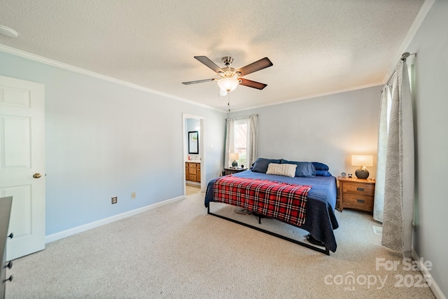 carpeted bedroom with a textured ceiling, baseboards, and crown molding