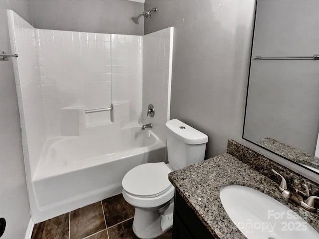 full bathroom with toilet, tub / shower combination, and vanity