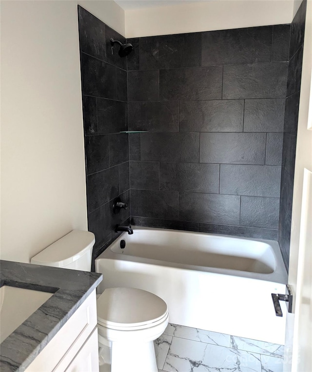 full bath featuring shower / tub combination, marble finish floor, toilet, and vanity