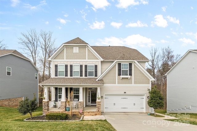 craftsman house featuring roof with shingles, a porch, an attached garage, board and batten siding, and driveway