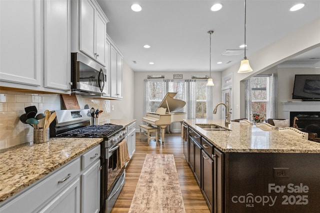 kitchen featuring appliances with stainless steel finishes, wood finished floors, a sink, a healthy amount of sunlight, and backsplash