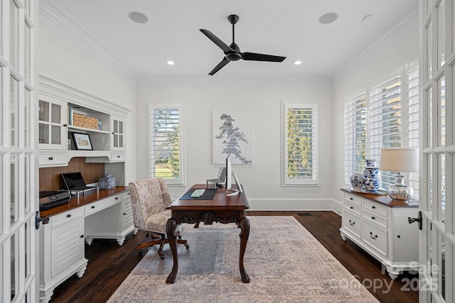 home office with baseboards, ceiling fan, ornamental molding, dark wood-type flooring, and recessed lighting