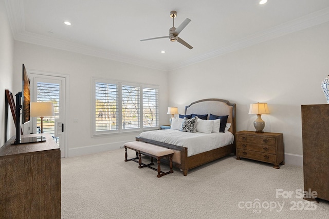 bedroom featuring light carpet, baseboards, ornamental molding, and recessed lighting