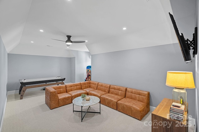 living area with light carpet, vaulted ceiling, a ceiling fan, and recessed lighting