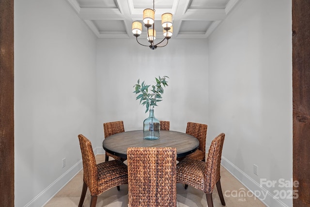 dining area featuring baseboards, coffered ceiling, a notable chandelier, and beamed ceiling