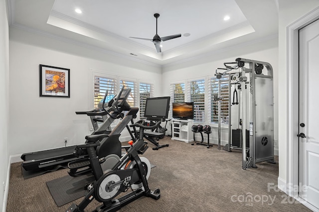 exercise area featuring carpet floors, a tray ceiling, and crown molding