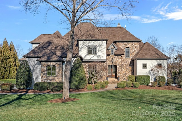 french provincial home with stone siding, roof with shingles, and a front lawn