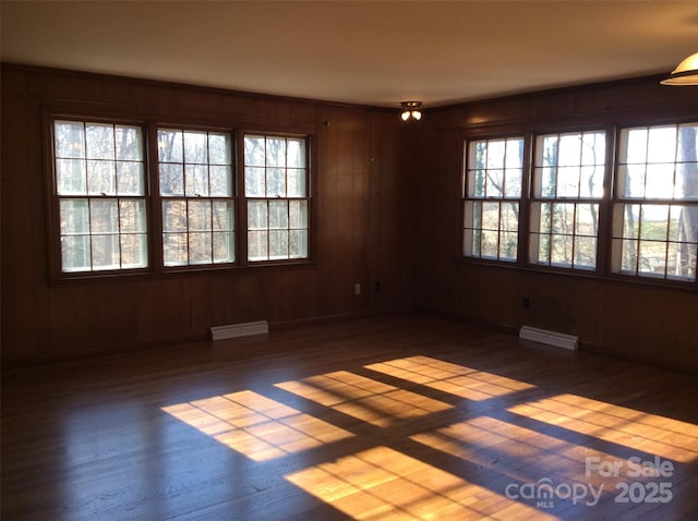 unfurnished room with wood walls, dark hardwood / wood-style flooring, and plenty of natural light