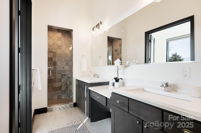 full bath featuring a sink, two vanities, and a shower stall