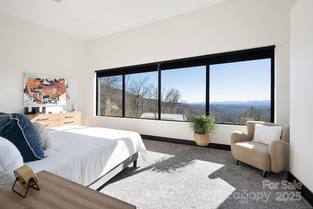 bedroom with baseboards and dark carpet