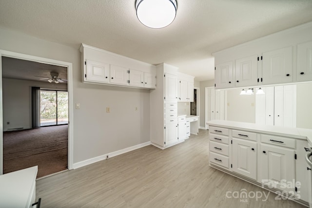 interior space with light countertops, light wood-type flooring, and white cabinetry