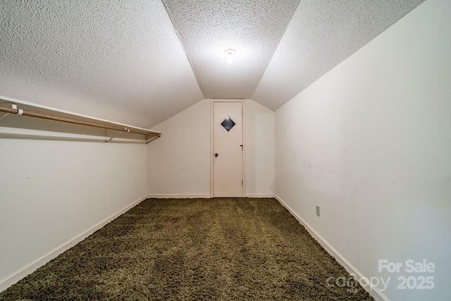 additional living space with a textured ceiling, baseboards, vaulted ceiling, and carpet flooring