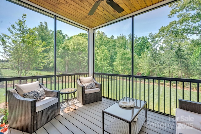 sunroom / solarium with wood ceiling and a ceiling fan