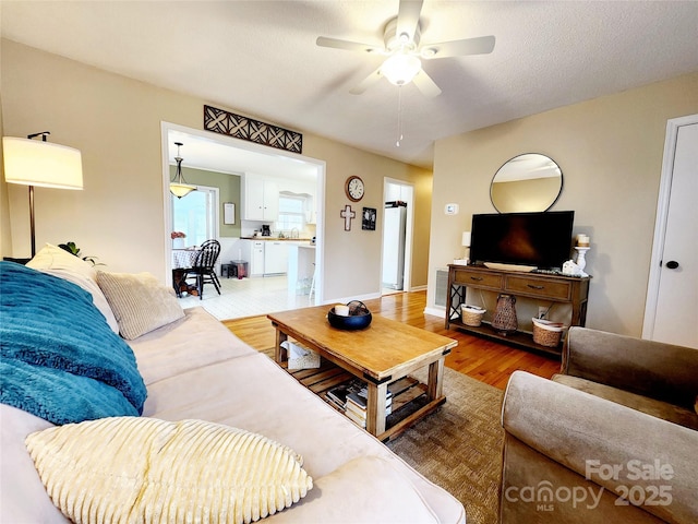 living room with hardwood / wood-style flooring, a textured ceiling, and ceiling fan