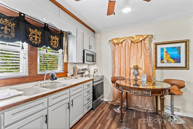 kitchen featuring dark wood-style floors, crown molding, stainless steel appliances, and a sink