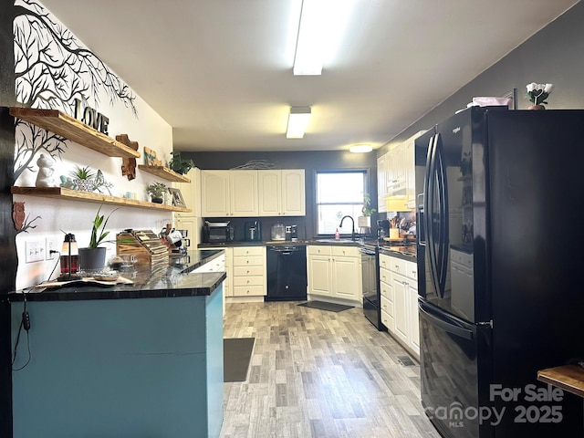 kitchen with sink, light hardwood / wood-style floors, and black appliances