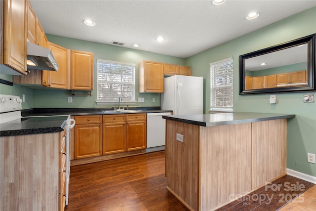 kitchen with white appliances, dark hardwood / wood-style flooring, sink, and a textured ceiling