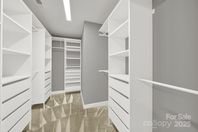 walk in closet featuring visible vents and carpet