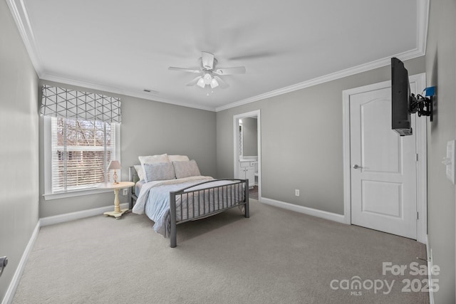 bedroom with light carpet, baseboards, and crown molding