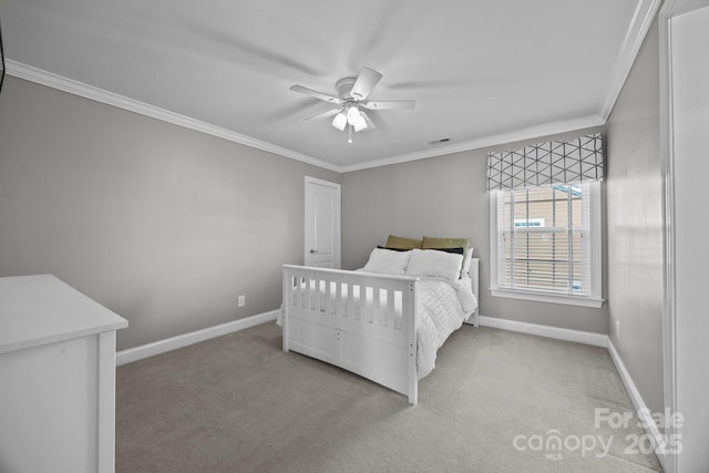 bedroom with light carpet, visible vents, ornamental molding, and baseboards