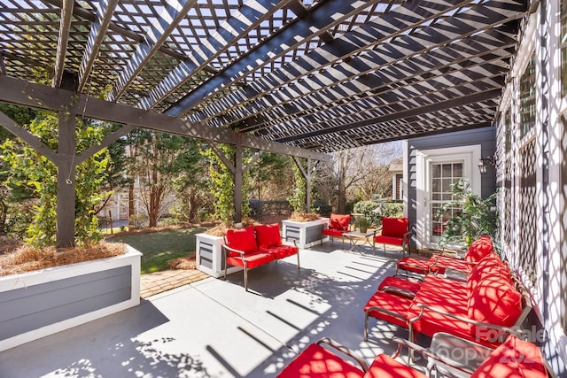 view of patio / terrace featuring an outdoor living space and a pergola