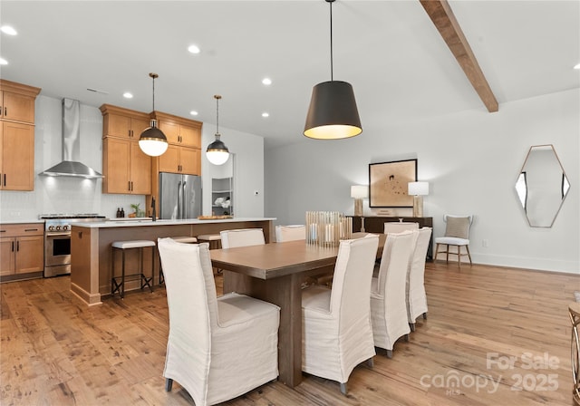 dining room featuring baseboards, light wood finished floors, beam ceiling, and recessed lighting