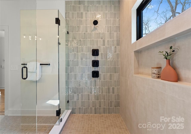 bathroom with a shower stall