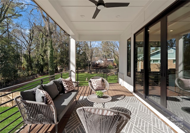 view of patio featuring ceiling fan and an outdoor hangout area