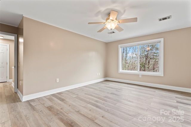 spare room with ceiling fan and light hardwood / wood-style flooring