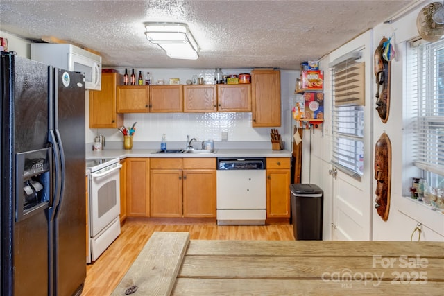17 Jenny St, Asheville, NC 28806 - kitchen with white appliances, a sink, light countertops, light wood finished floors, and a textured ceiling