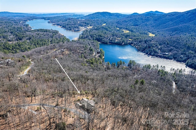 drone / aerial view featuring a water and mountain view