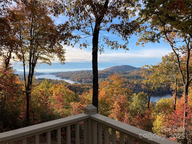 view of mountain feature with a water view and a forest view