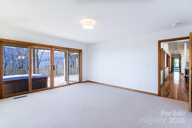 carpeted spare room with baseboards and visible vents