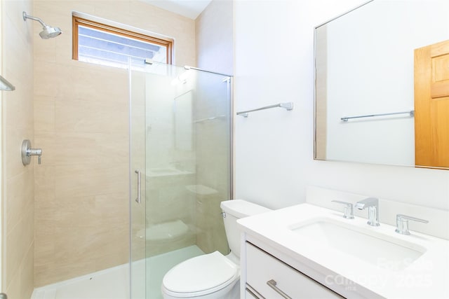 full bath with toilet, a shower stall, and vanity