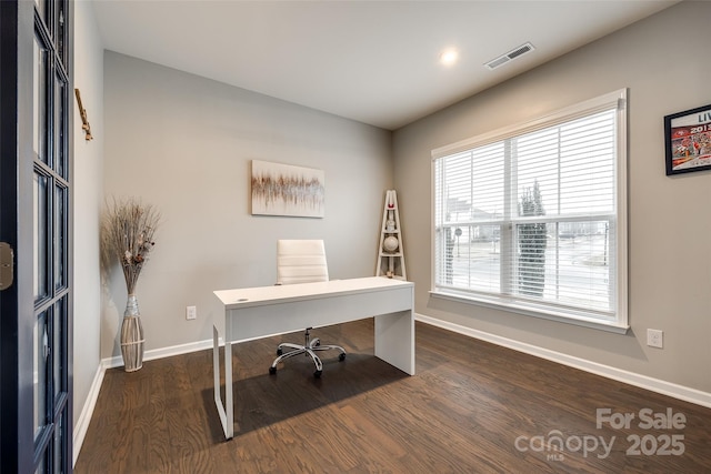 office area featuring visible vents, dark wood finished floors, and baseboards