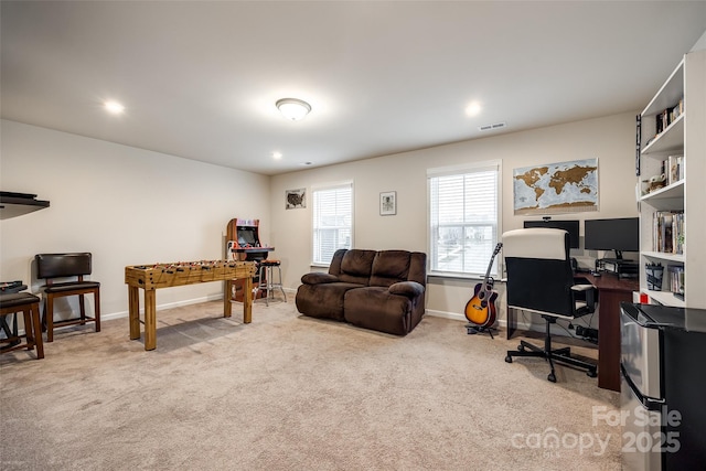 carpeted home office featuring recessed lighting, visible vents, and baseboards