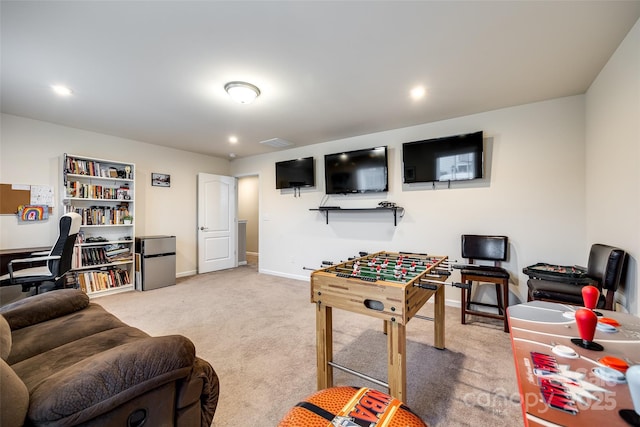 playroom featuring light carpet, visible vents, baseboards, and recessed lighting