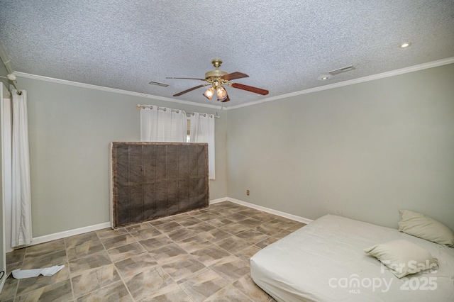 unfurnished bedroom featuring ceiling fan, crown molding, and a textured ceiling