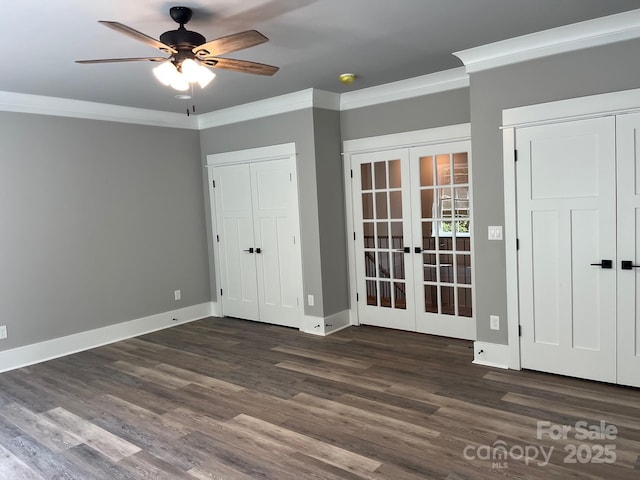 7221 Static Way Unit 13, Sherrills Ford, NC 28673 - unfurnished bedroom with french doors, ornamental molding, wood finished floors, baseboards, and two closets