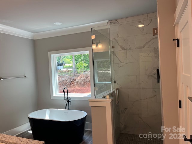 7221 Static Way Unit 13, Sherrills Ford, NC 28673 - bathroom featuring a shower stall, a freestanding tub, baseboards, and wood finished floors