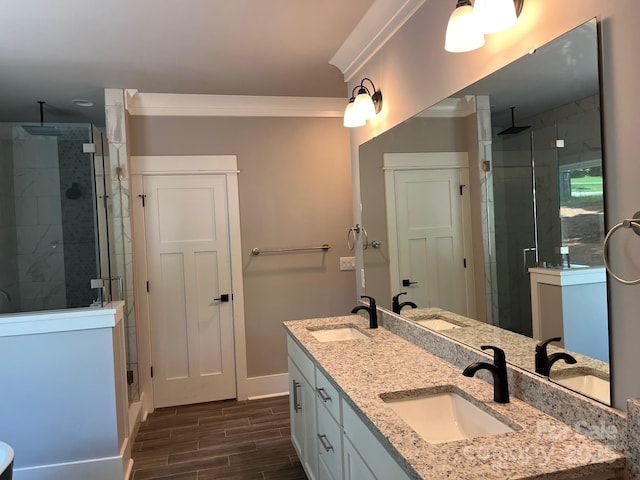7221 Static Way Unit 13, Sherrills Ford, NC 28673 - full bathroom featuring a stall shower, wood tiled floors, baseboards, and double vanity