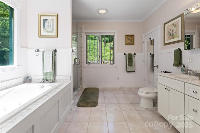 full bath featuring wainscoting, crown molding, vanity, and toilet