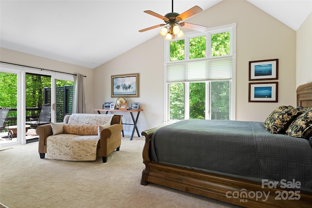 carpeted bedroom with access to exterior, ceiling fan, and high vaulted ceiling