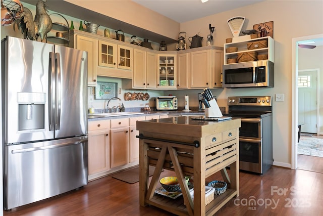 kitchen featuring open shelves, appliances with stainless steel finishes, dark wood-type flooring, glass insert cabinets, and a sink