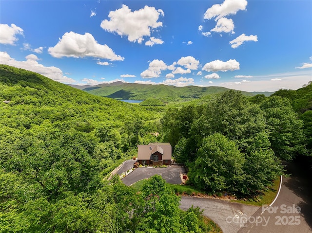 birds eye view of property with a wooded view and a mountain view