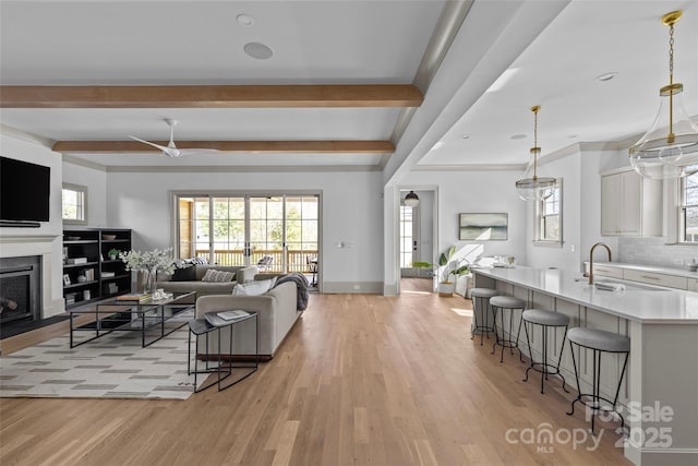 living room featuring a healthy amount of sunlight, light hardwood / wood-style floors, and beam ceiling