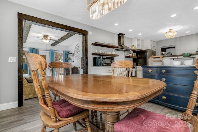 dining area with baseboards, recessed lighting, light wood-type flooring, and ceiling fan